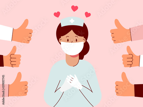 Female nurse wearing a surgical mask feels good when it's appreciated.
Illustration about appreciated.
