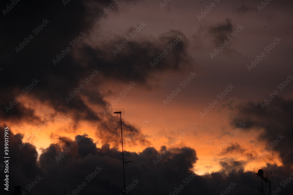 Atardecer anaranjado con nubes grises y pájaros volando (Madrid)