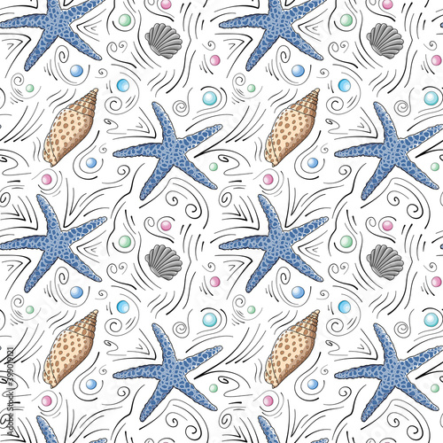 Seashells vector seamless pattern in cartoon style. Blue starfish, light brown and gray seashells, sea stones, sea drops and black doodle lines