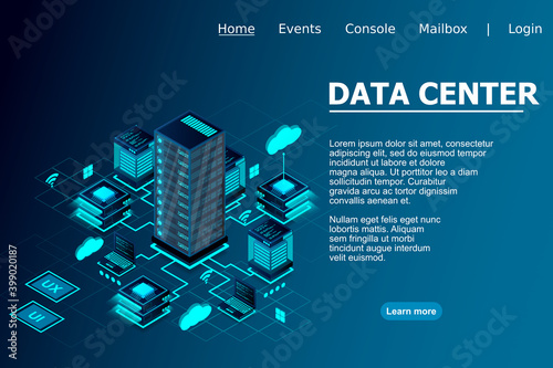 Illustration of servers connected with main server and laptop on blue background isometric design for Data center concept, data center connection, concept of cloud storage, data transfer.