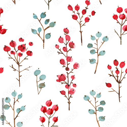 Pattern Christmas ornaments from the branches painted with watercolors on white background. Branches of trees. Holly sprigs with red berries.
