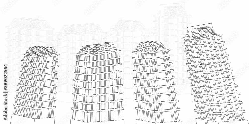A three-dimensional vector graphic with  technical drawings in lines and contours. Architectural sketching.