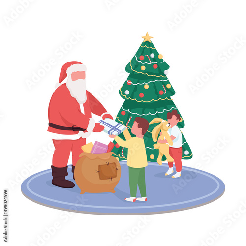 Santa Claus giving children presents flat color vector faceless characters. Happy New Year to kids. Merry Christmas isolated cartoon illustration for web graphic design and animation