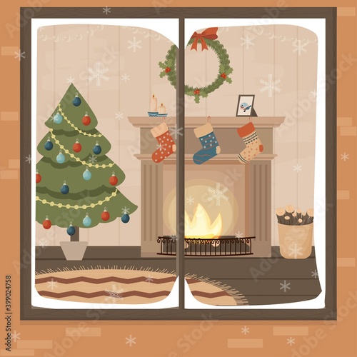View through window christmas cosy interior with fireplace and christmas tree. Stylish decoration, card, poster or advertising.