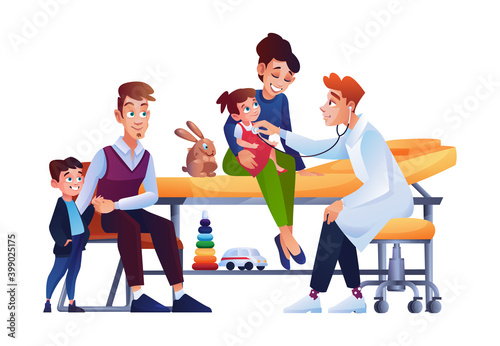 Children with parents at pediatrician appointment, mother with newborn girl sitting on medical care, father on chair with son waiting for doctors checkup. Toys for kids, checkup in clinic or hospital © Sensvector