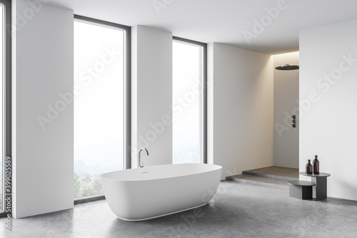 Modern white bathroom corner with tub