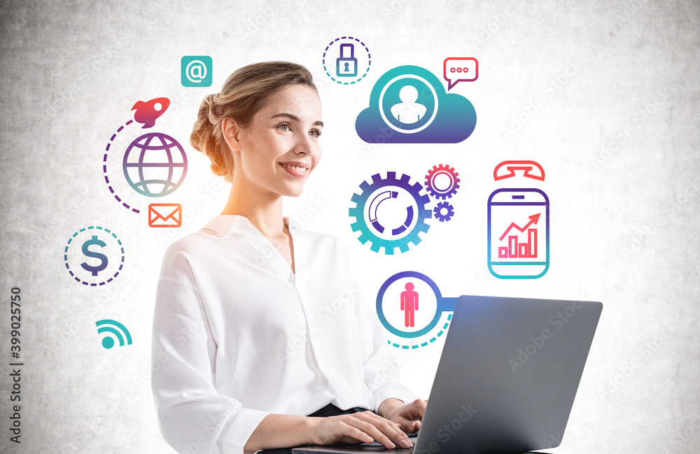 Woman with laptop and cloud computer Woman with laptop and cloud computer