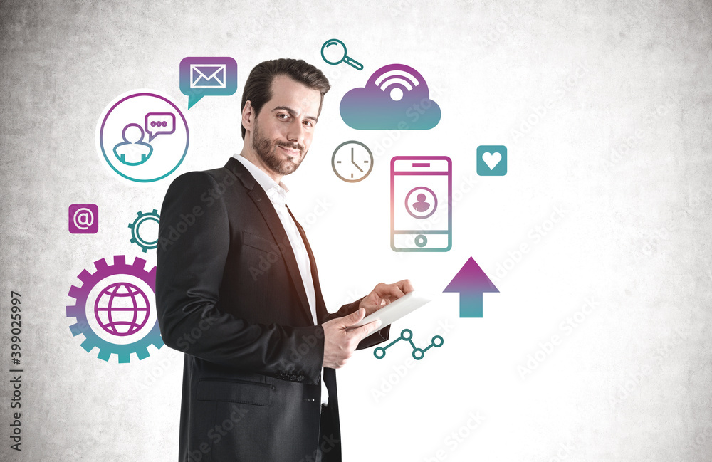 Smiling young man and cloud computing Smiling young man and cloud computing