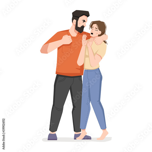 Father beats woman, wife or daughter, aggressor and victim, aggression and problems in family. Arguing husband and wife, domestic violence and punishment, troubles at isolation on quarantine, cruelty