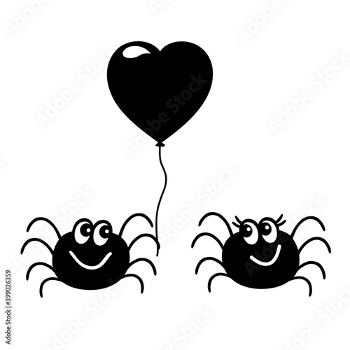 Hand-drawn spiders. A lover gives his beloved a balloon, a heart. Black and white. 