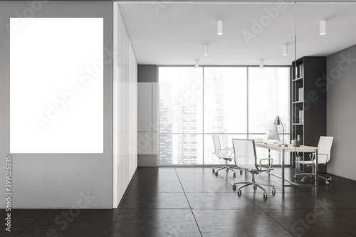 Mockup copy space in grey office consulting room with furniture and window
