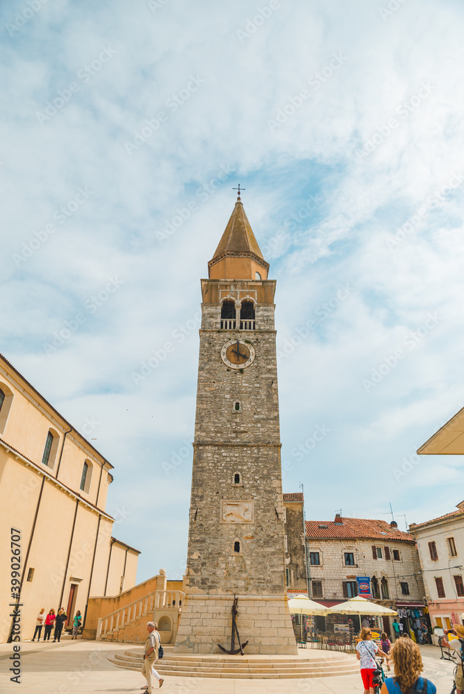 Umag, Croatia - June 6, 2019: old city church tower