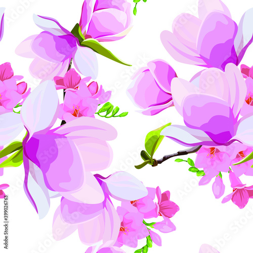 Fototapeta Naklejka Na Ścianę i Meble -  Magnolia flowers pattern. Freesia. Vector flowers. Pattern for printing on fabric. Summer print. Pink spring flowers