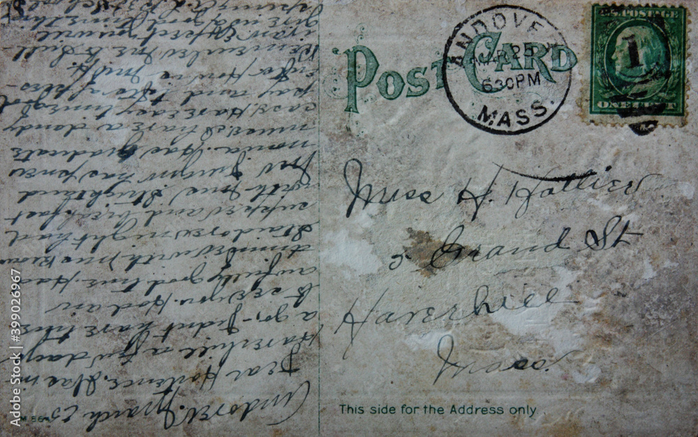 Reverse side of  old post card, circa 1915. Image in vintage grunge style