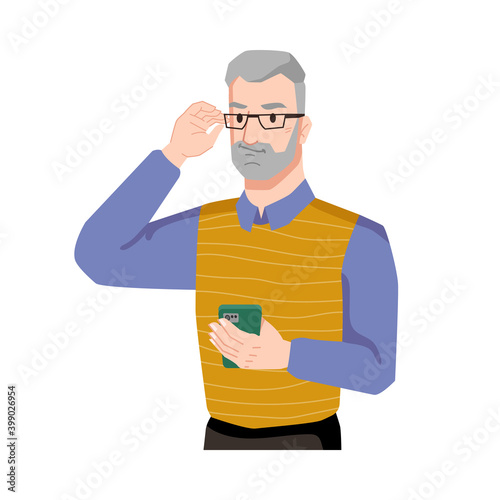 Guy smirking with smartphone isolated bearded middle age man in glasses. Vector handsome person using applications on modern mobile device, chatting or browsing gadget. Positive handsome guy