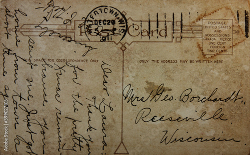 Reverse side of  old post card, circa 1915. Image in vintage grunge style
