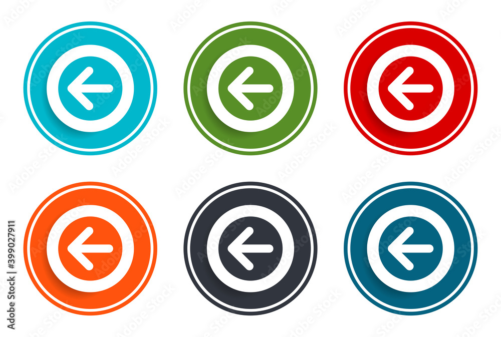Back arrow icon flat vector illustration design round buttons collection 6 concept colorful frame simple circle set Back arrow icon flat vector illustration design round buttons collection 6 concept colorful frame simple circle set