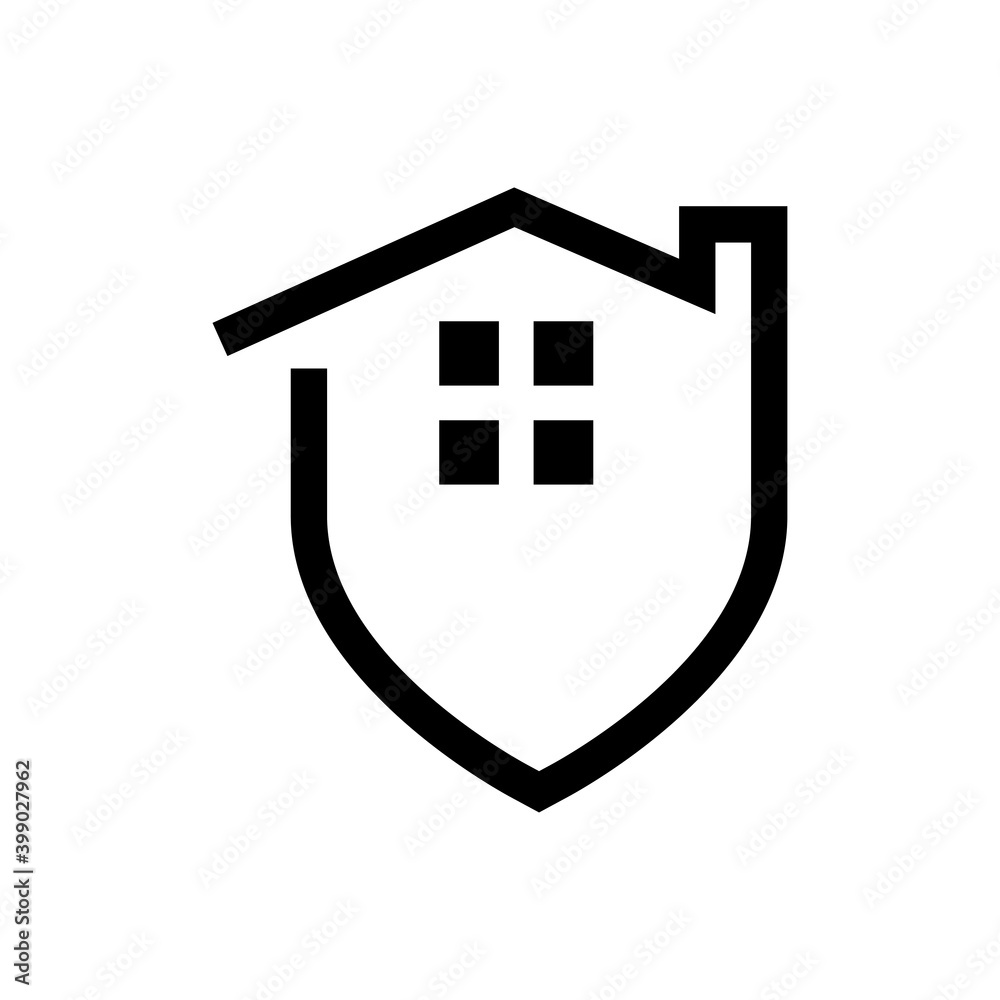 Símbolo seguro del hogar. Logotipo escudo con tejado de casa con lineas en color negro Símbolo seguro del hogar. Logotipo escudo con tejado de casa con lineas en color negro