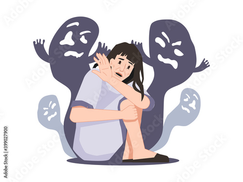 Personage suffering from schizophrenia and hallucinations seeing ghosts and creatures, spirits and shades. Mental disorder and diseases, psychopath or schizophrenic person. Vector in flat style