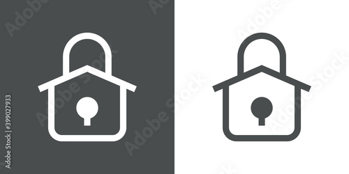 Logotipo seguridad en el hogar. Icono candado como casa con lineas en fondo gris y fondo blanco