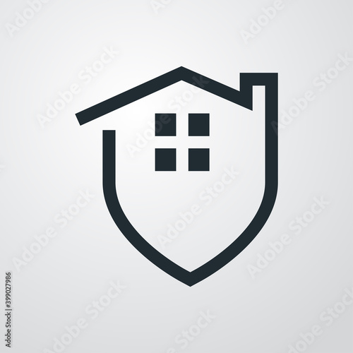 Símbolo seguro del hogar. Logotipo escudo con tejado de casa con lineas en fondo gris
