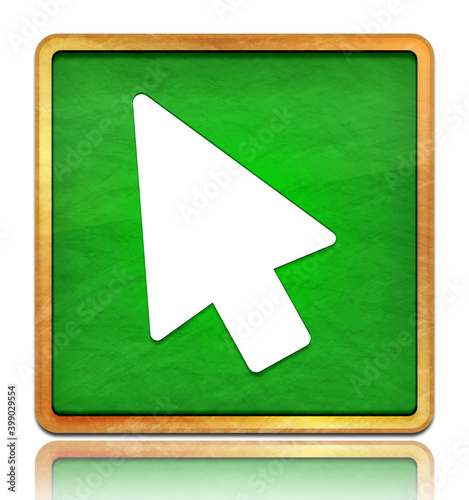 Cursor icon chalk board green square button slate texture wooden frame concept isolated on white background with shadow reflection