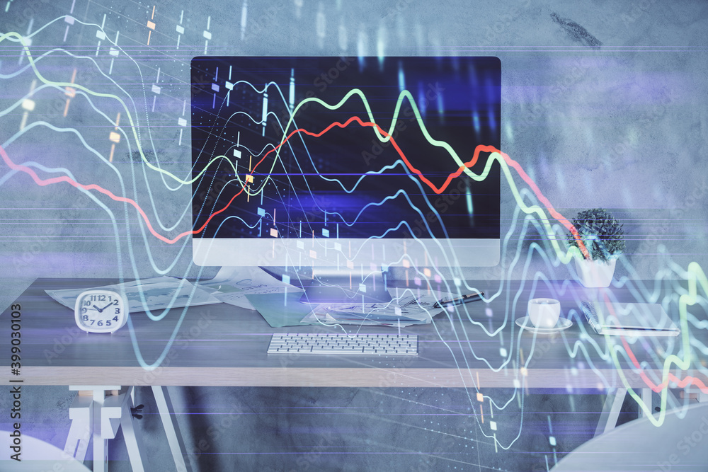 Multi exposure of financial graph drawing and office interior background. Concept of market analysis. Multi exposure of financial graph drawing and office interior background. Concept of market analysis.