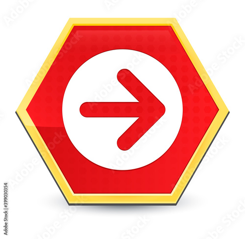 Next arrow icon abstract red hexagon button bright yellow frame elegant design