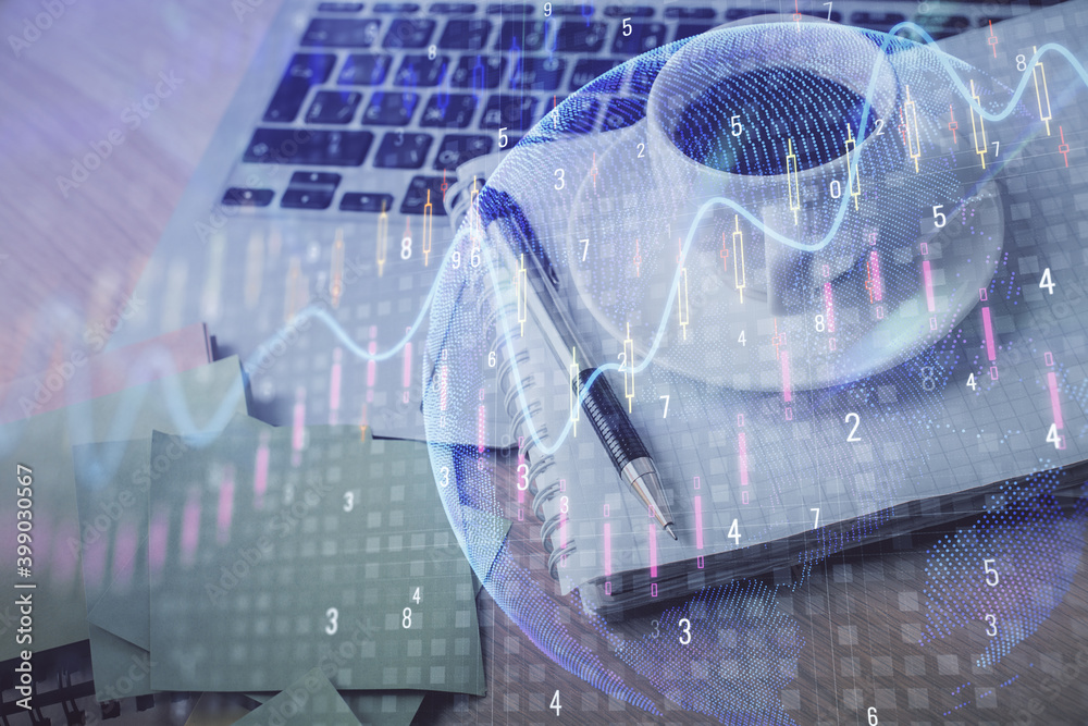 Double exposure of forex chart drawing and desktop with coffee and items on table background. Concept of financial market trading Double exposure of forex chart drawing and desktop with coffee and items on table background. Concept of financial market trading