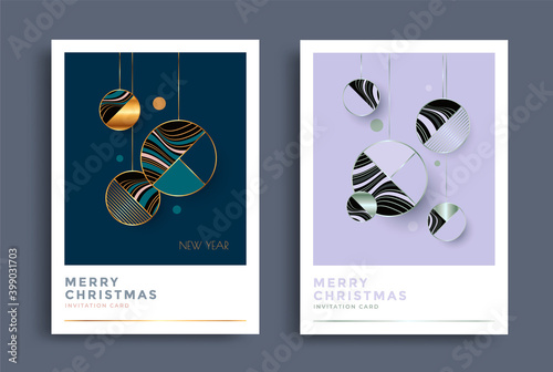 New Year greeting card design with stylized Christmas balls. Geometric compositions with Xmas decoration design elements. Vector luxury illustration