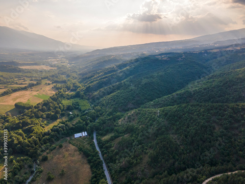 Aerial Panoramic view of Petrich valley, Bulgaria
