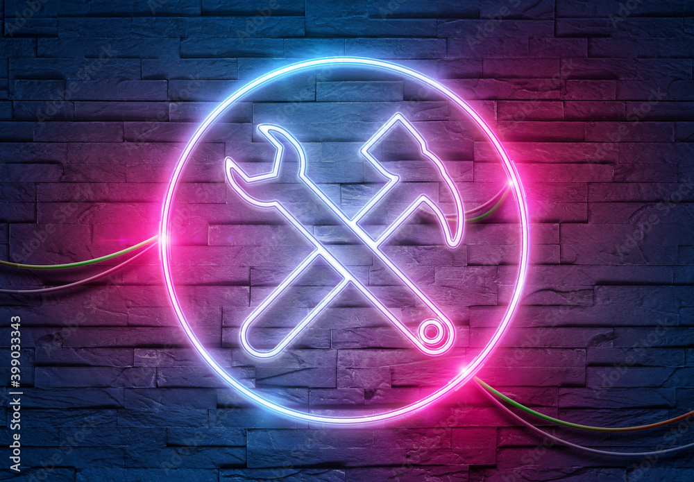 Tool neon icon illuminating a brick wall with blue and pink glowing light 3D rendering - obrazy, fototapety, plakaty 