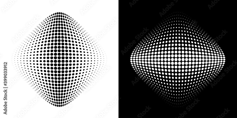 Halftone circle dots curved gradient texture background. 3d logo. Curve dotted emblem using halftone pattern circle dot raster texture. Vector blot half tone.