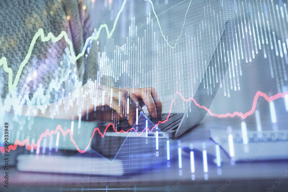 Double exposure of woman hands typing on computer and forex chart hologram drawing. Stock market analysis concept. Double exposure of woman hands typing on computer and forex chart hologram drawing. Stock market analysis concept.