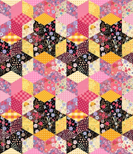 Patchwork seamless floral pattern. Beautiful quilt design with stars from patches with flowers. Print for fabric, textile. Vector design.