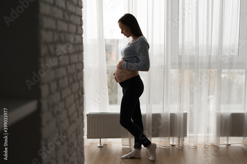 silhouette of a pregnant woman standing near a large window and stroking her big belly.