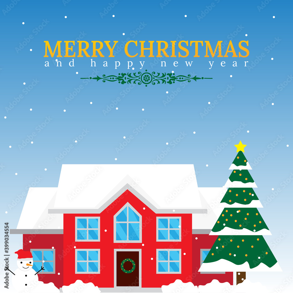 Vector illustration, poster or banner for merry christmas and happy new year. winter house.