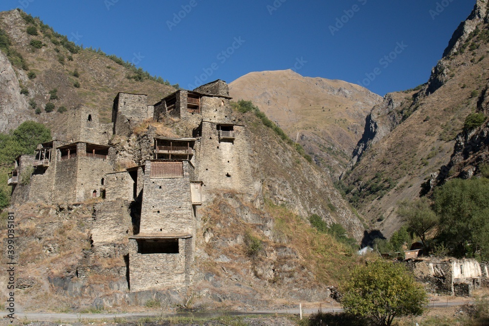 The village of Shatili.Shatili is a medieval, historical, mountain village from the 8th century in North Georgia near the border with Chechnya. Stone houses create a defensive fortress.Georgia.Asia