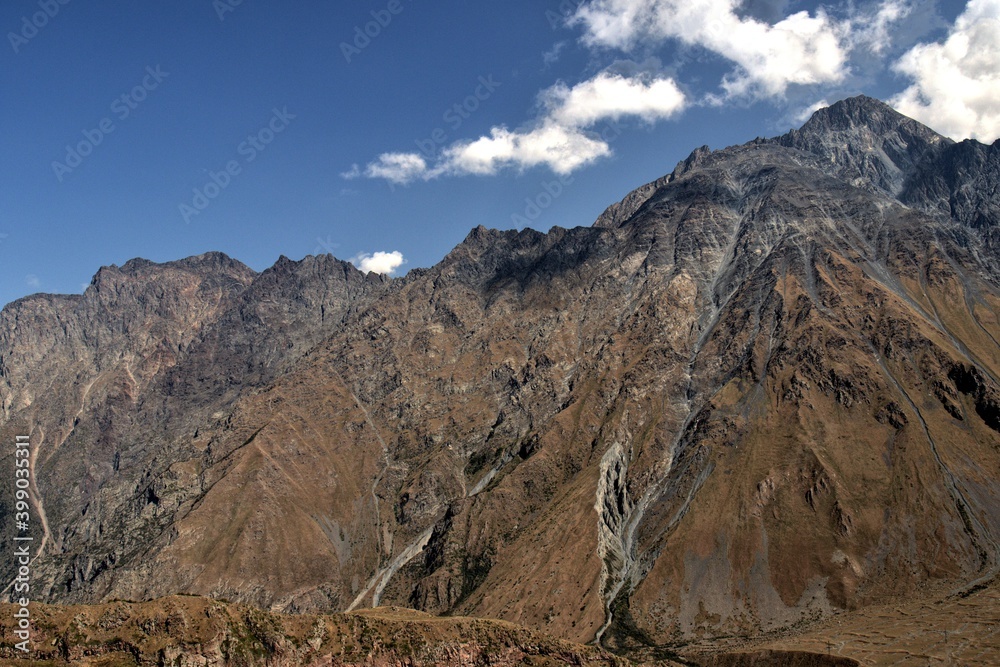 View from Gergeti to Mount Shani, is the highest mountain of Ingushetia on the border with Georgia. It is located on the ridge of the same name, which is a part of the Caucasian ridge, 4491 meters 
