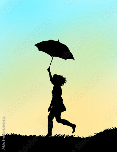 illustrated silhouette of a girl enjoying on beautiful weather by holding umbrella .