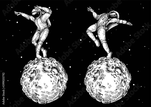 Astronaut dancing on lunar surface. Mission to Moon was completed.Vector illustration