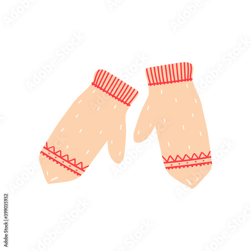 Winter mittens isolated on white background. Warm accessory for walking. Vector illustration in cartoon style.