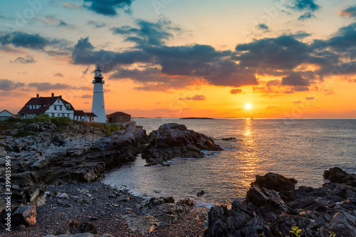 Portland Head Light at sunrise in Maine, New England, USA. 