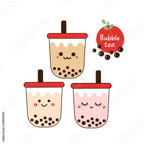 Set of bubble milk tea cups with cute face and hand written font on red label icon isolated on white background vector illustration. Cute cartoon character.