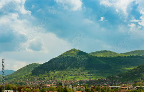 Bosnian Pyramid of the Sun. Landscape with forested ancient pyramid near the Visoko city, BIH, Bosnia and Herzegovina. Remains of mysterious old civilization.