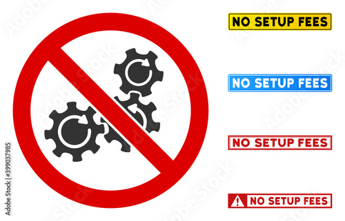 No Gear Rotation sign with phrases in rectangular frames. Illustration style is a flat iconic symbol inside red crossed circle on a white background. Simple No Gear Rotation vector sign, photo