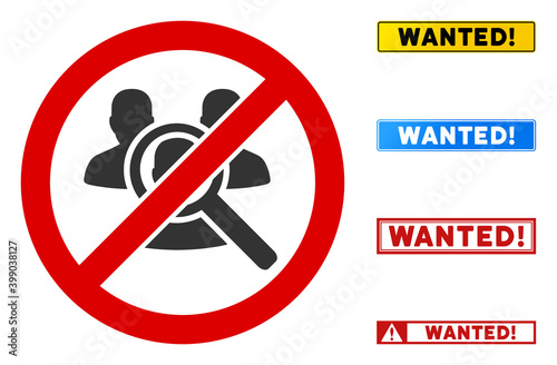 No Search User sign with texts in rectangular frames. Illustration style is a flat iconic symbol inside red crossed circle on a white background. Simple No Search User vector sign, designed for rules,