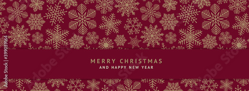 Christmas horizontal banner. Gold snowflakes border on a red background. Abstract winter holidays art template. Vector illustration .