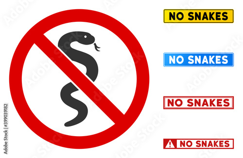 No Snake sign with captions in rectangle frames. Illustration style is a flat iconic symbol inside red crossed circle on a white background. Simple No Snake vector sign, designed for rules,