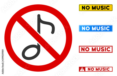 No Music Note sign with titles in rectangle frames. Illustration style is a flat iconic symbol inside red crossed circle on a white background. Simple No Music Note vector sign, designed for rules,
